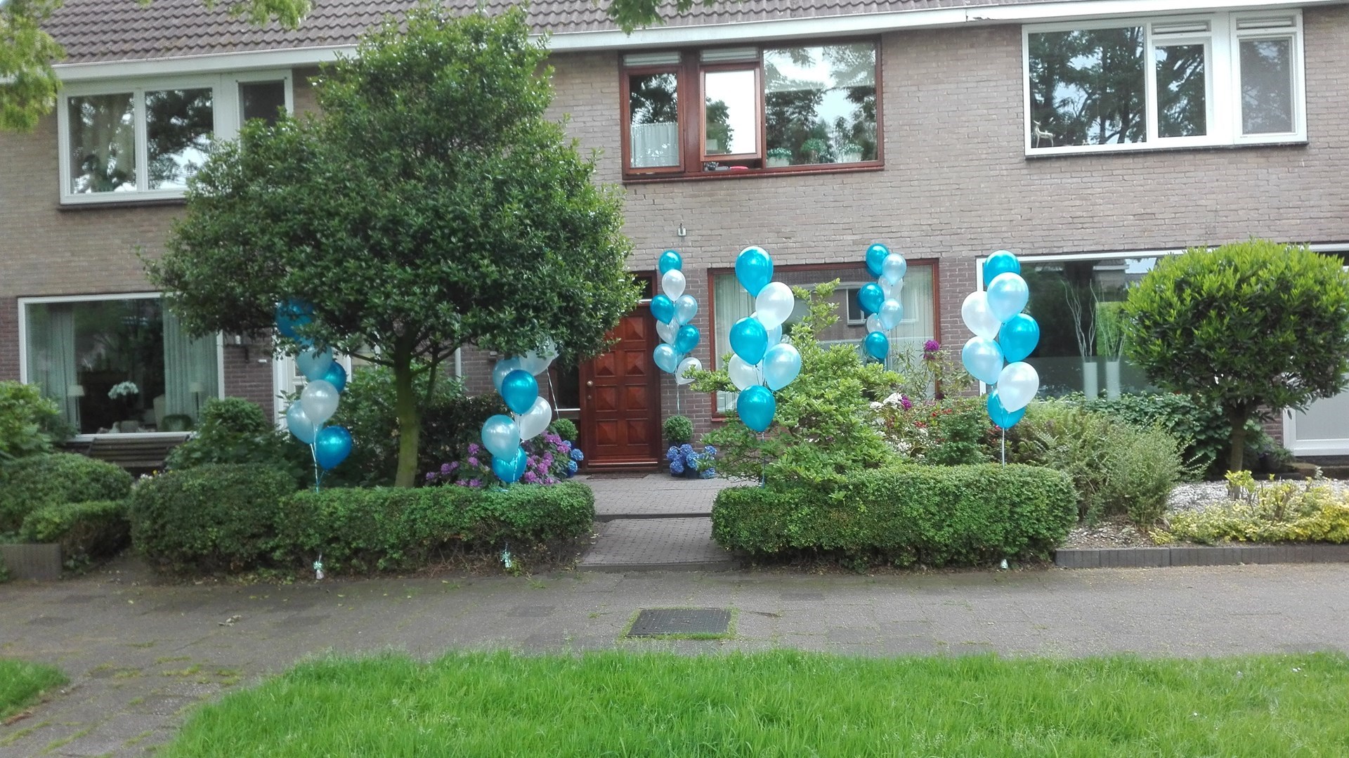 helium ballon trossen in voortuin Purmerend voor huwelijk licht blauw donker blauw en witte ballonnen