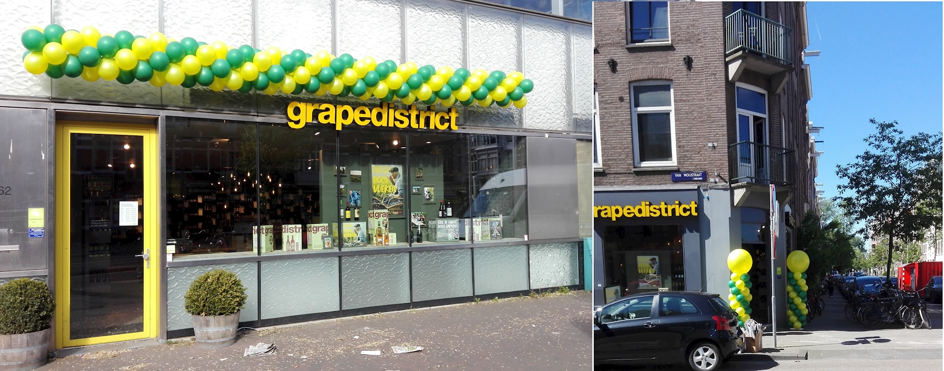 ballonnen slingers en ballon pilaren voor het nieuwe logo van Grapedistrict Amsterdam