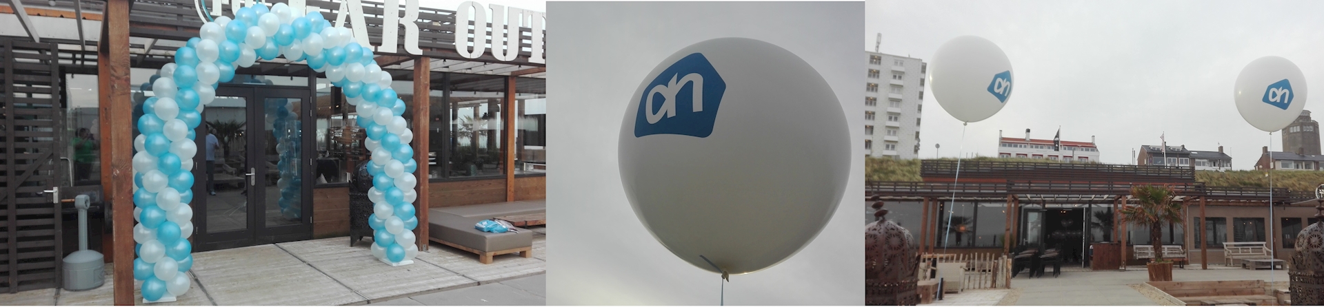 ballonnenboog en reuze helium ballonnen bedrukt met logo van Albert Heijn voor feest in Zandvoort