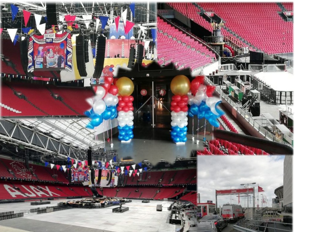 ballon decoraties Toppers 2019 Amsterdam Johan Cruijf Arena pilaren helium ballon trossen in de thema kleuren Happy Birthday party