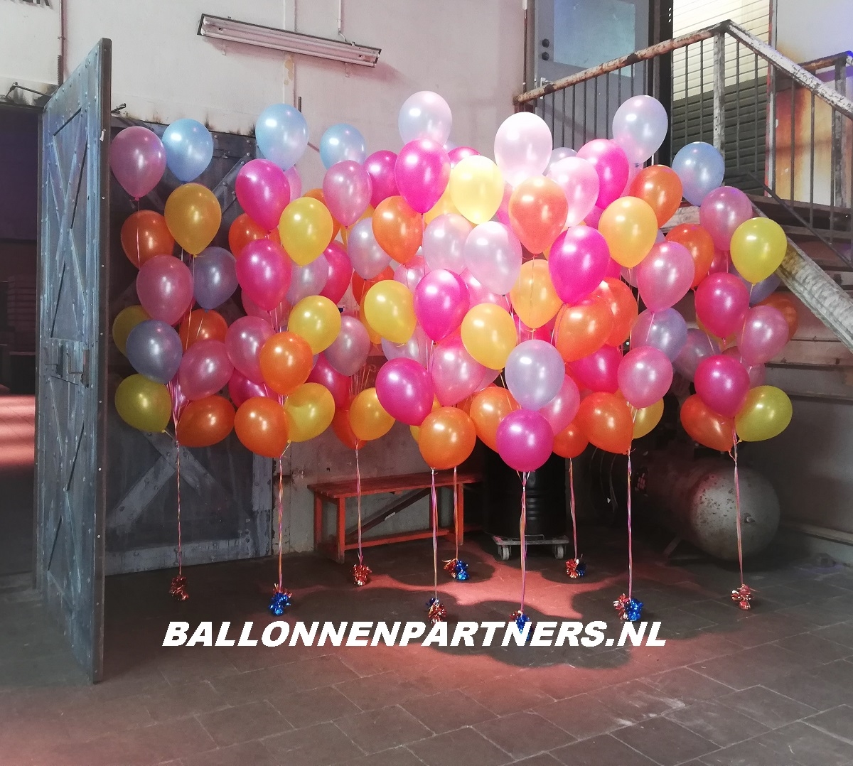 trosjes met helium ballonnen met 9 ballonnen diverse vrolijke kleuren